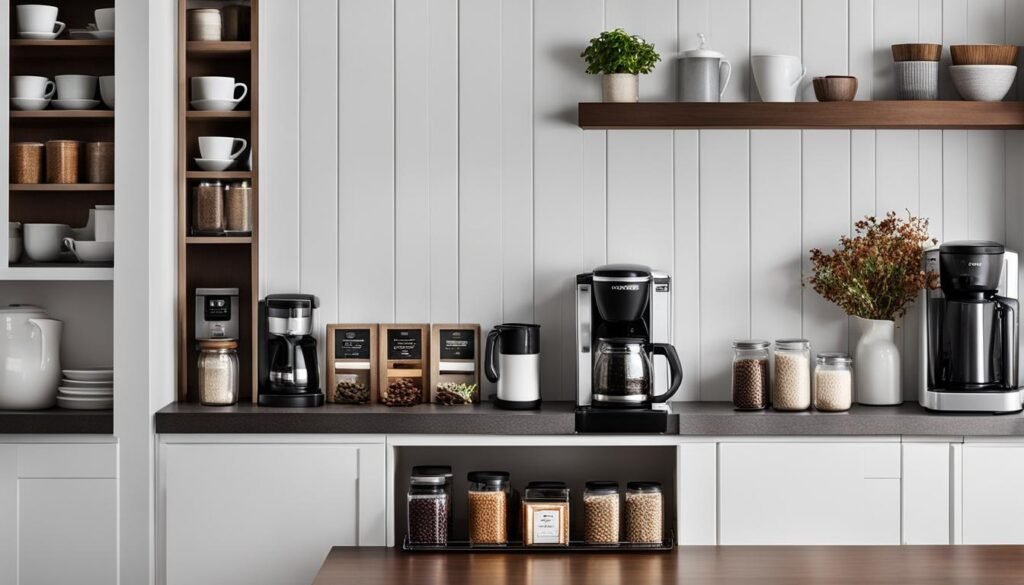 Coffee station cabinet stocked with essentials