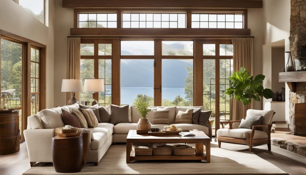 Contemporary wooden furniture in a country modern living room