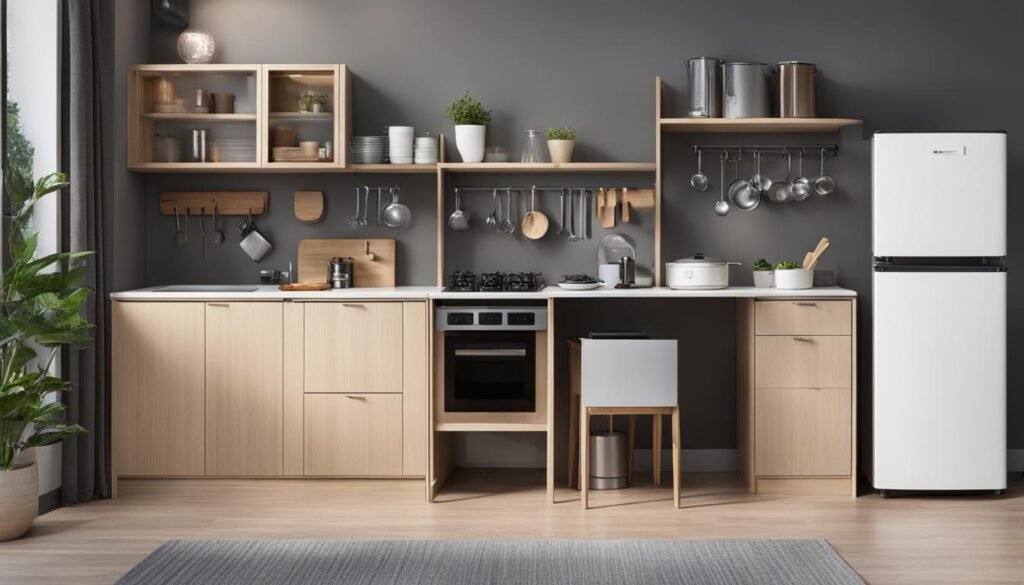 Efficient dorm room organization with compact kitchen station