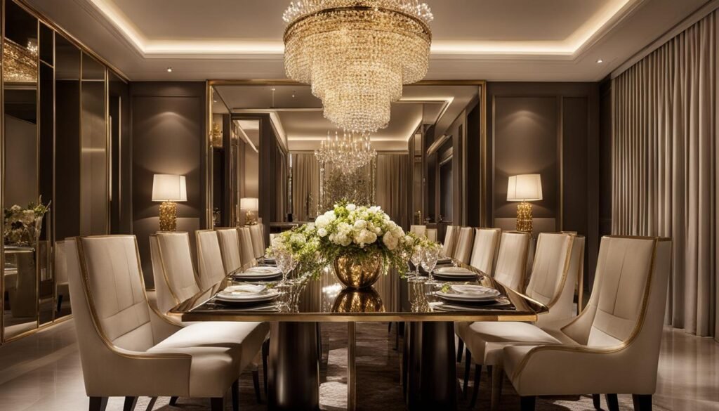 Elegant dining room with mirrored panels