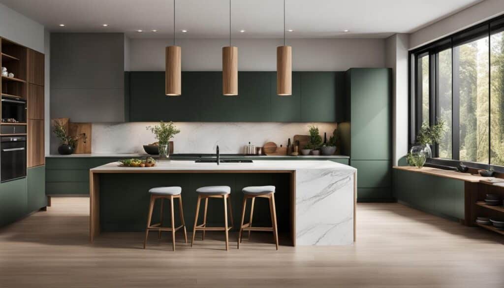 Green Kitchen Cabinets with Wood Details