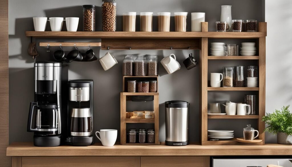 coffee station design with vertical shelves