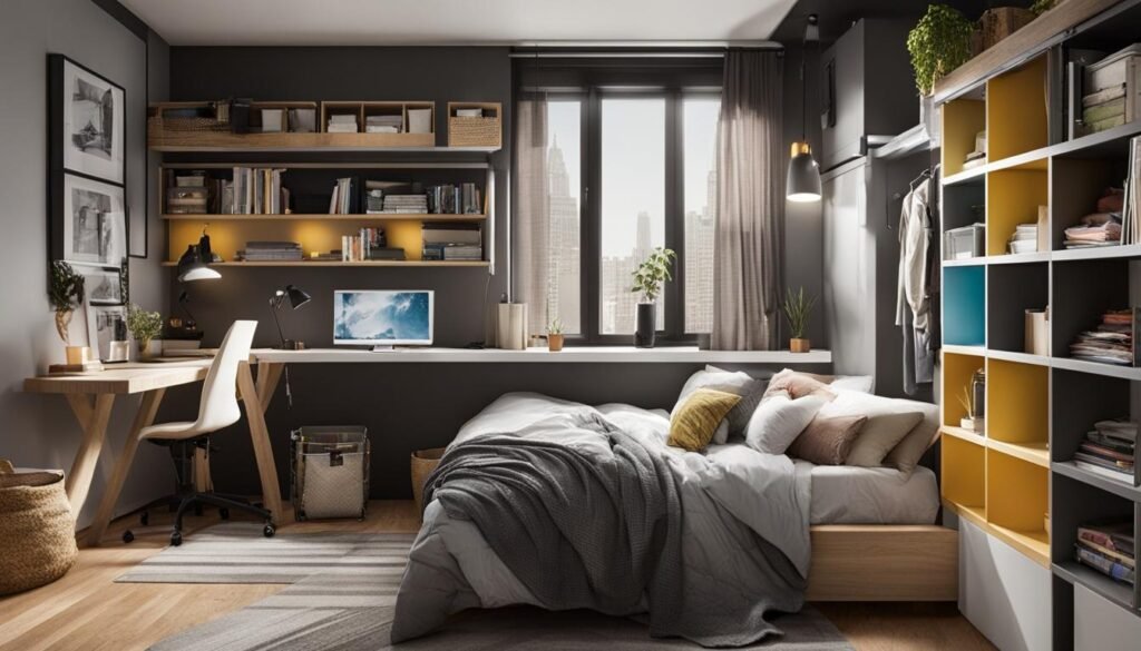 dorm storage hacks under lofted bed