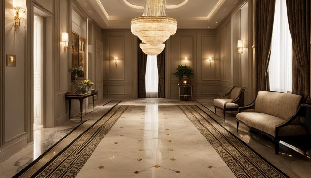 Art Deco rug in a hallway with marble and wainscotting