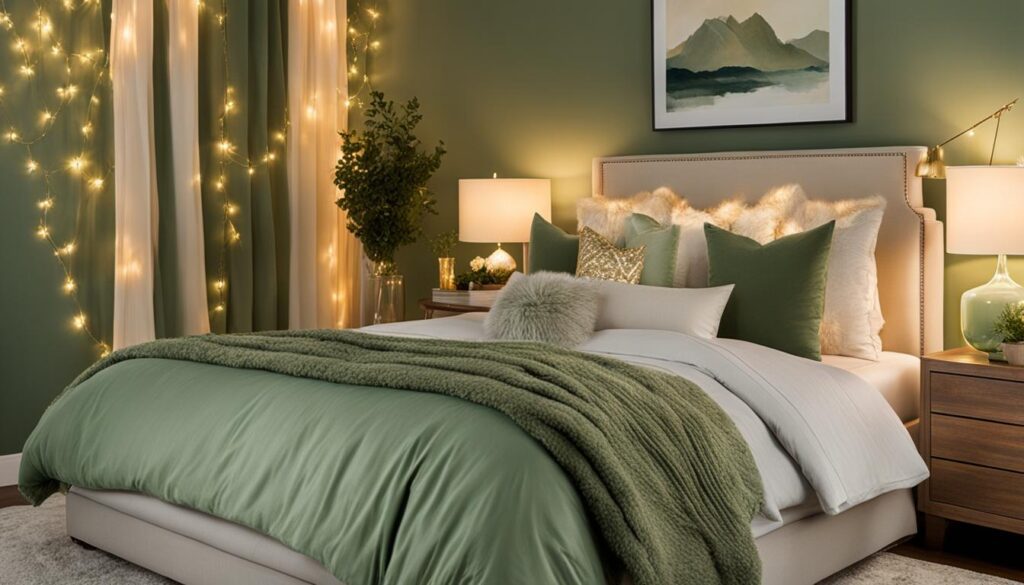 Cozy sage green bedroom lighting