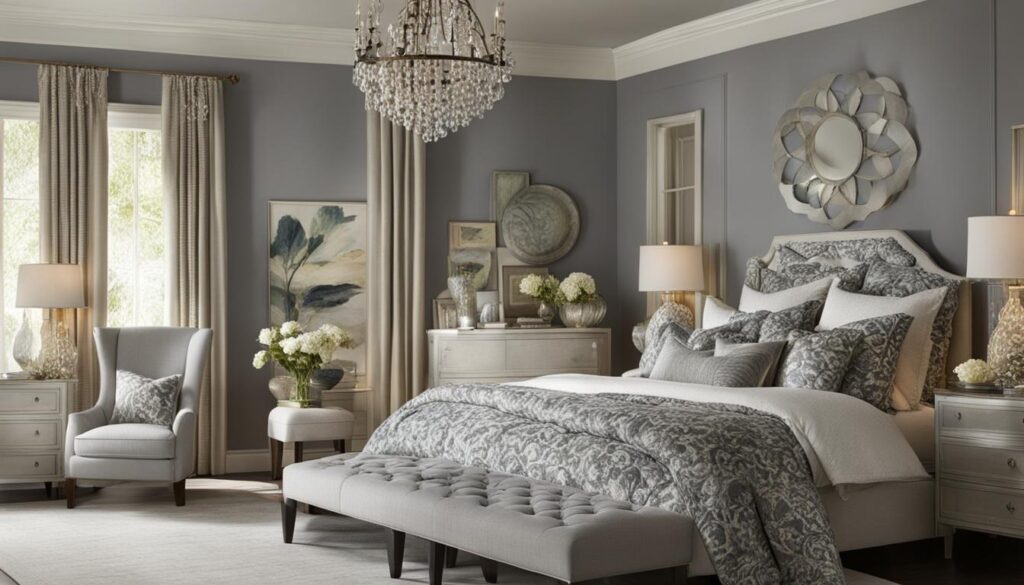 Inviting monochromatic bedroom with mixed patterns