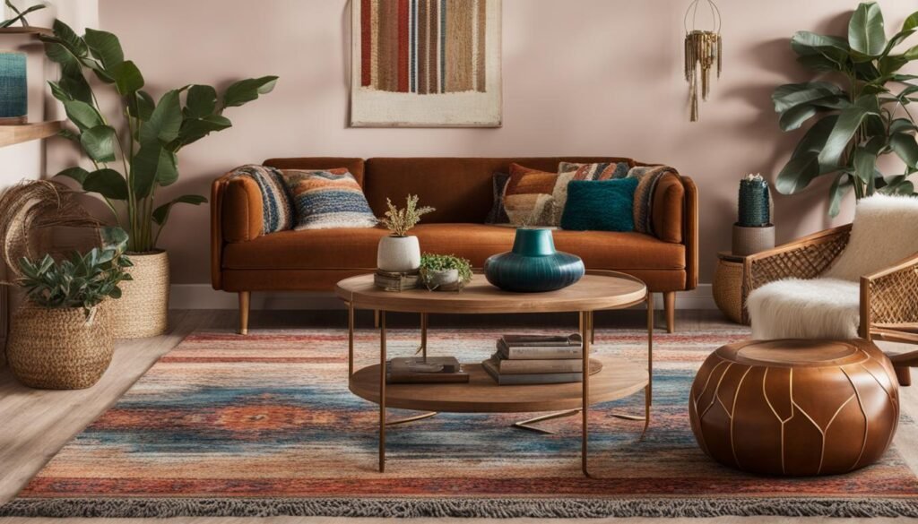 Stylized boho living room mood board creation process