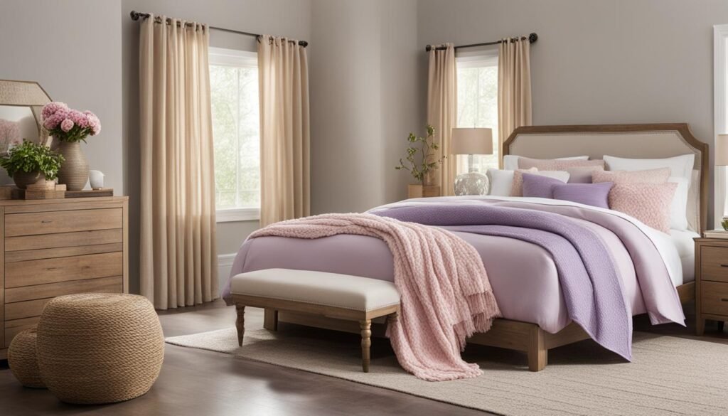 neutral bedroom with pops of color