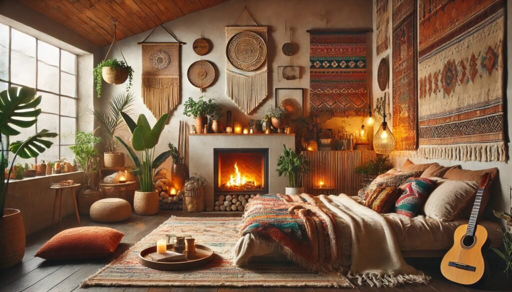 Boho Bedroom With Fireplace