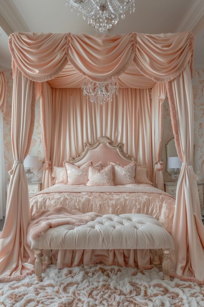 Sumptuous Satin Draped Canopy Bed with Curtains
