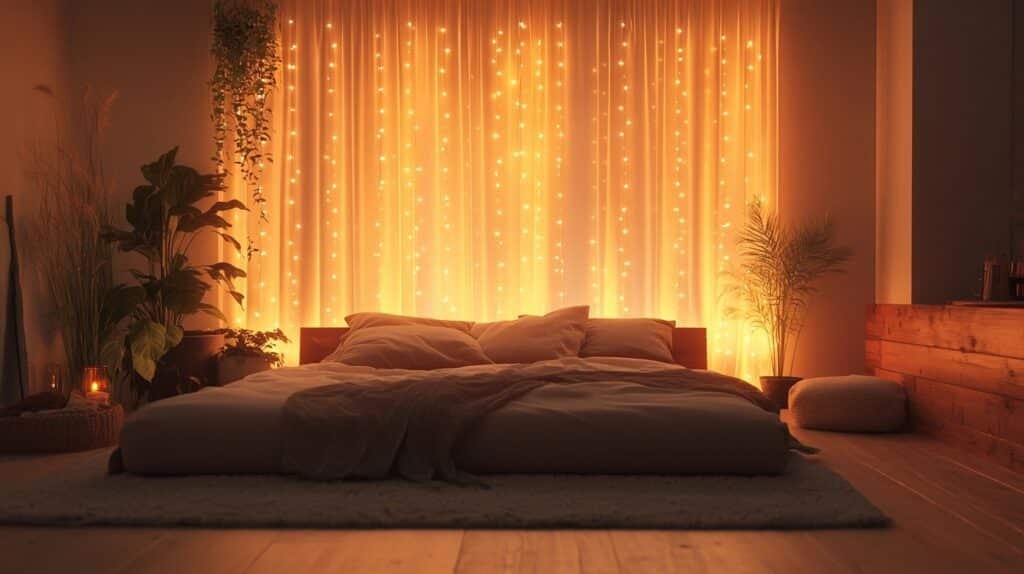 boho bedroom with curtain lights