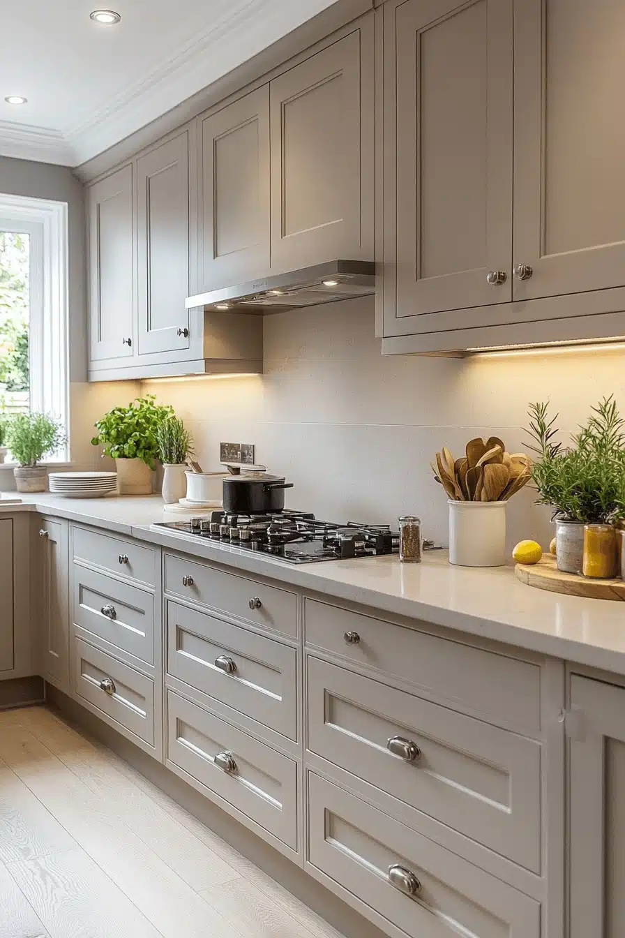 greige kitchen cabinets