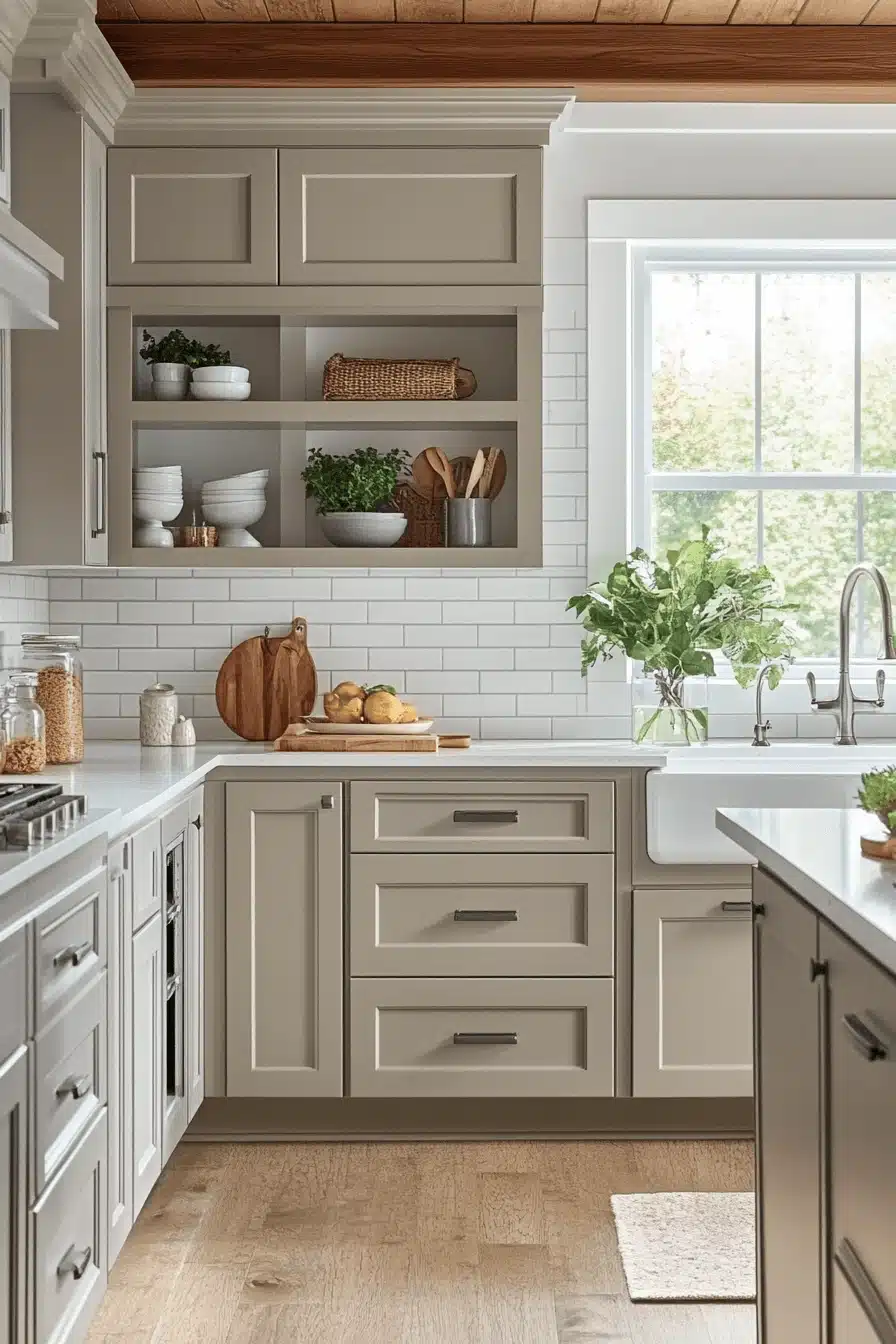 greige kitchen cabinets