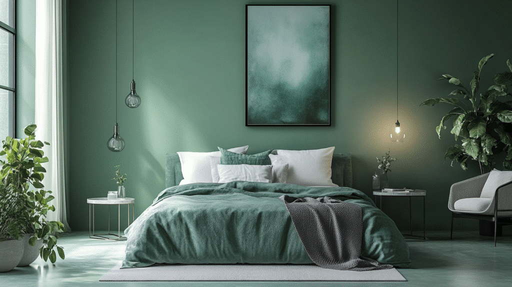 moody green bedroom