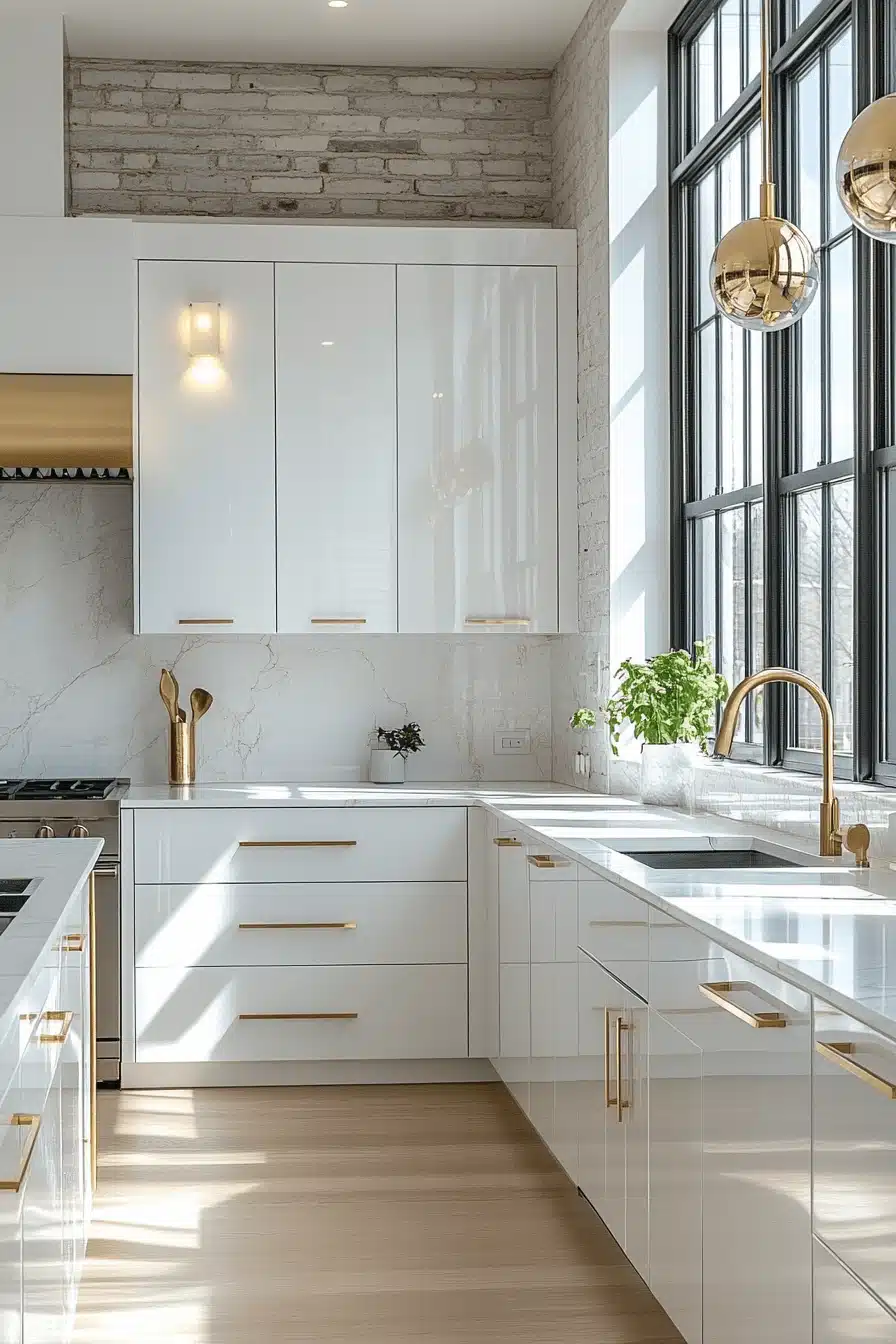 white and gold kitchen