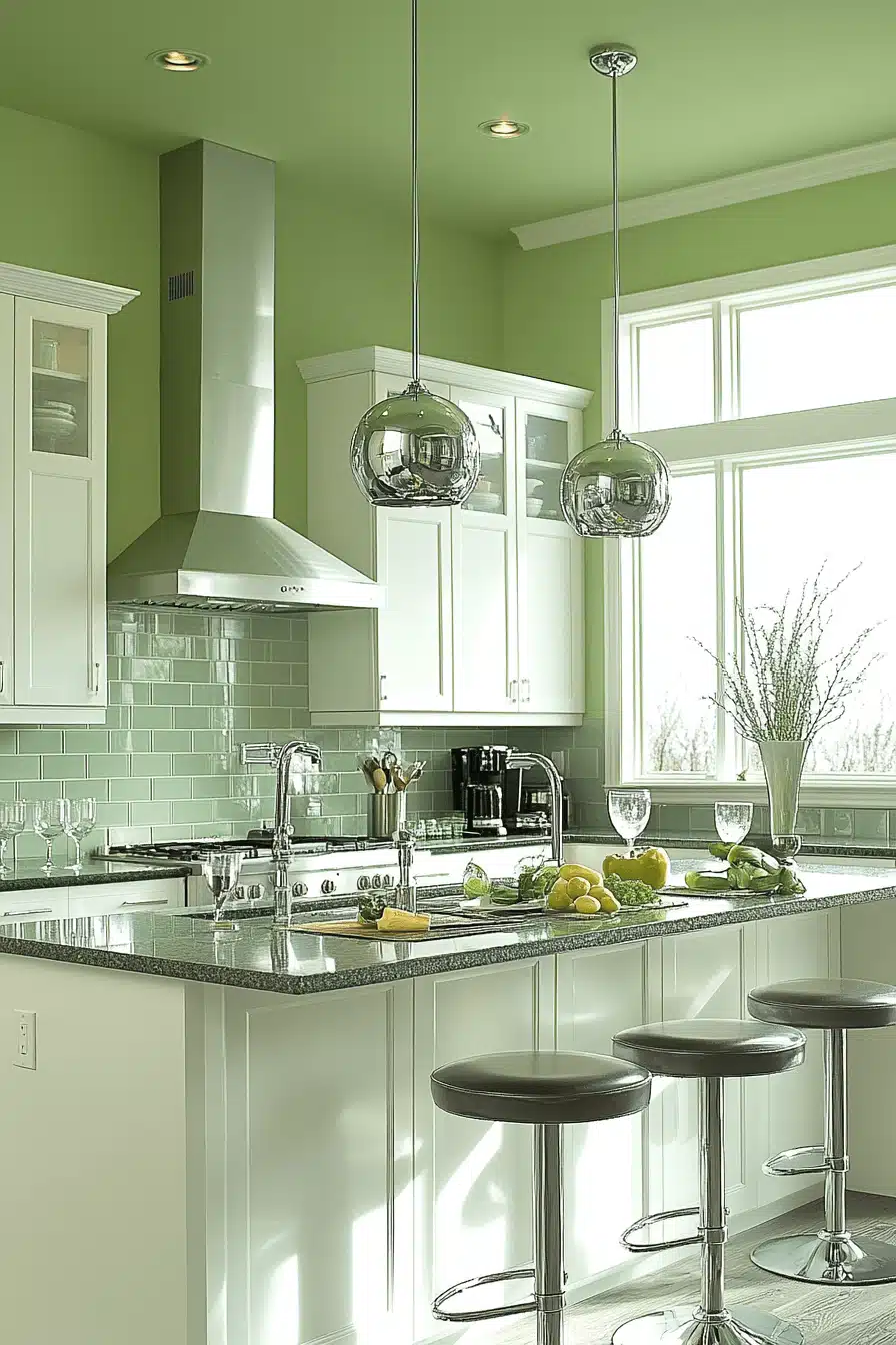 green and white kitchen
