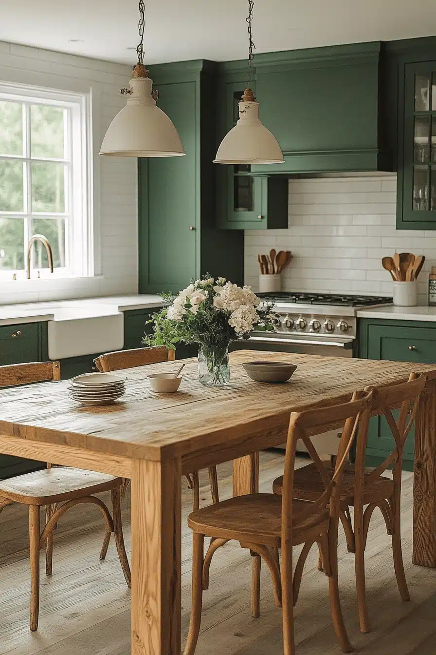 green and white kitchen