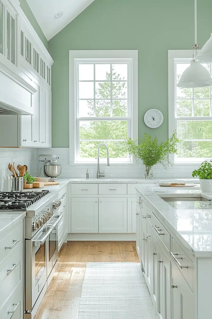 green and white kitchen