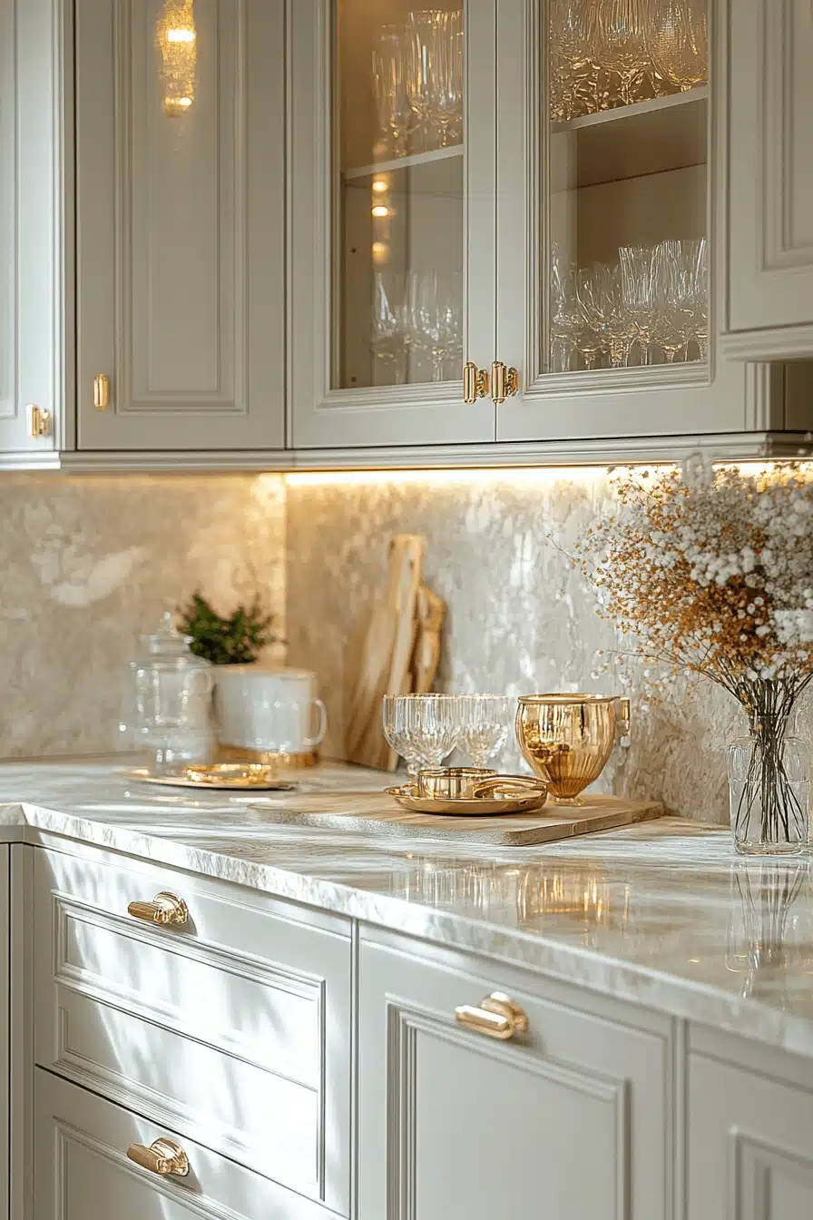 white and gold kitchen