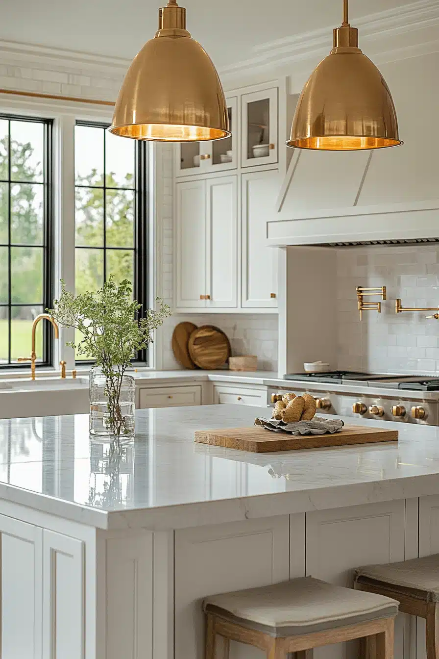 white and gold kitchen