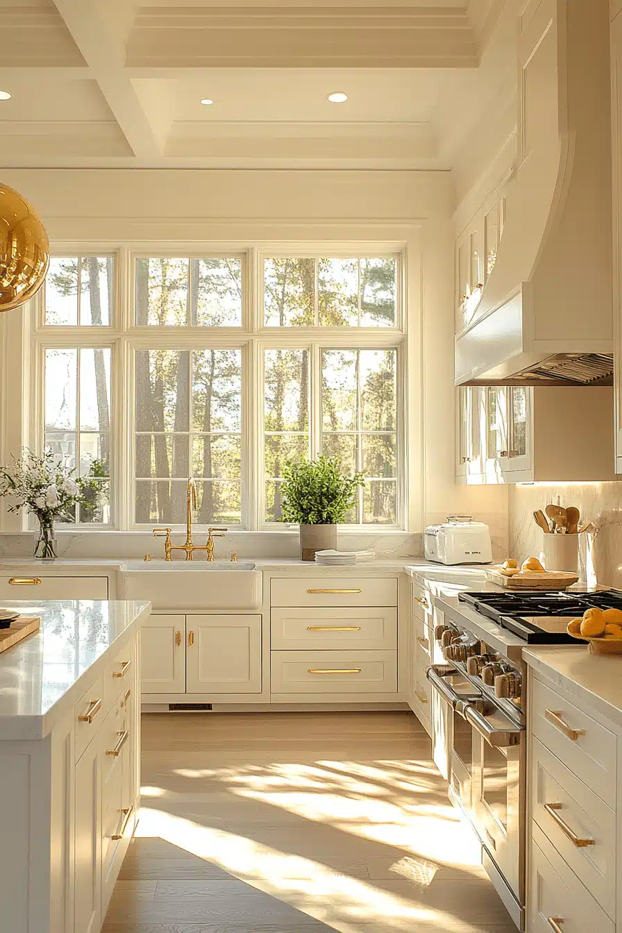 white and gold kitchen