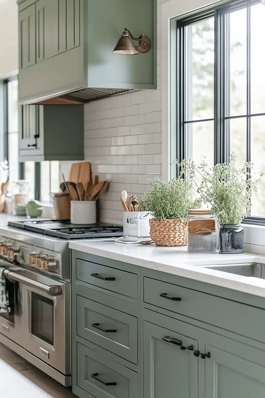 green and white kitchen