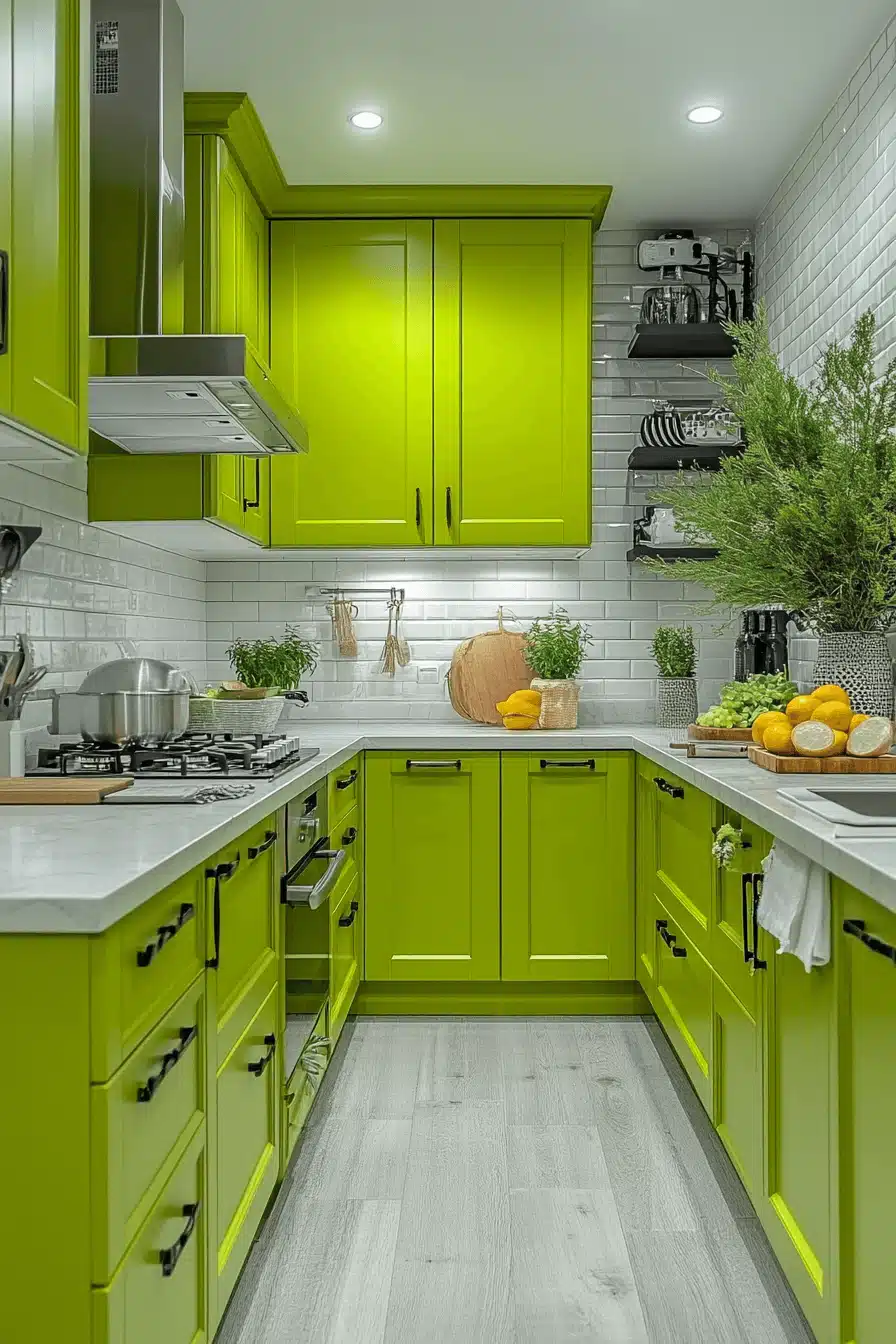green and white kitchen