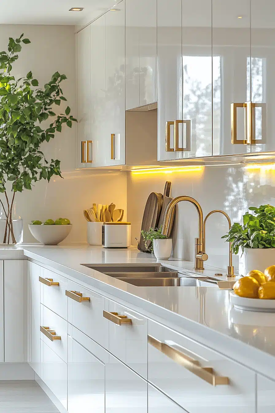 white and gold kitchen
