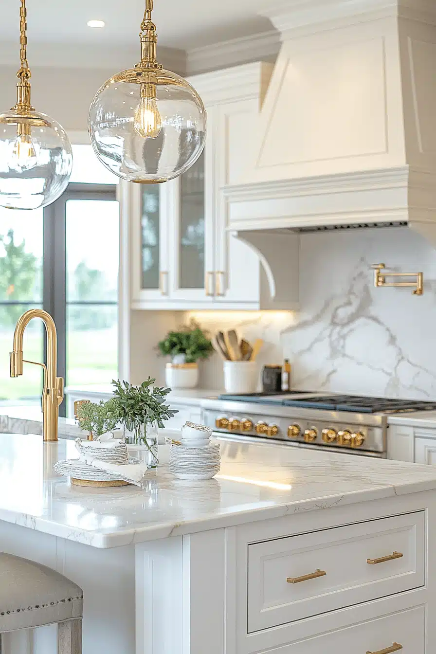 white and gold kitchen