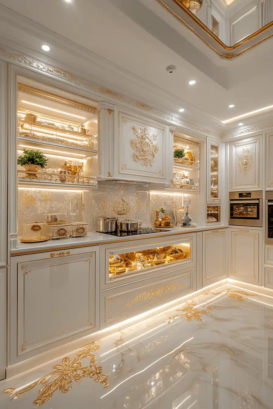 white and gold kitchen