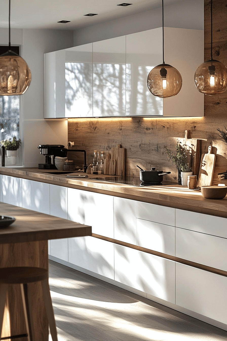 white and wood kitchen cabinets