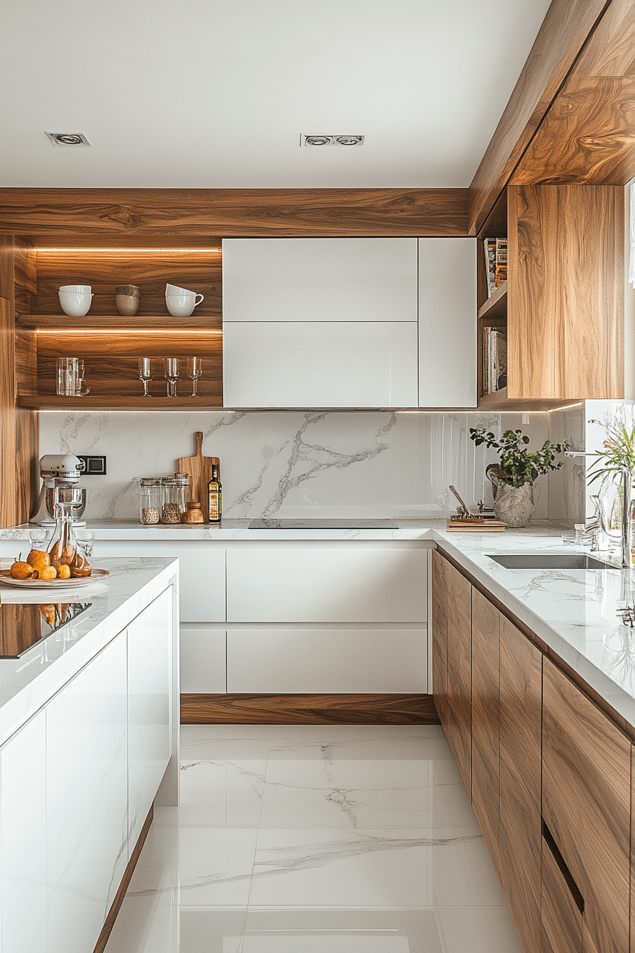 white and wood kitchen cabinets