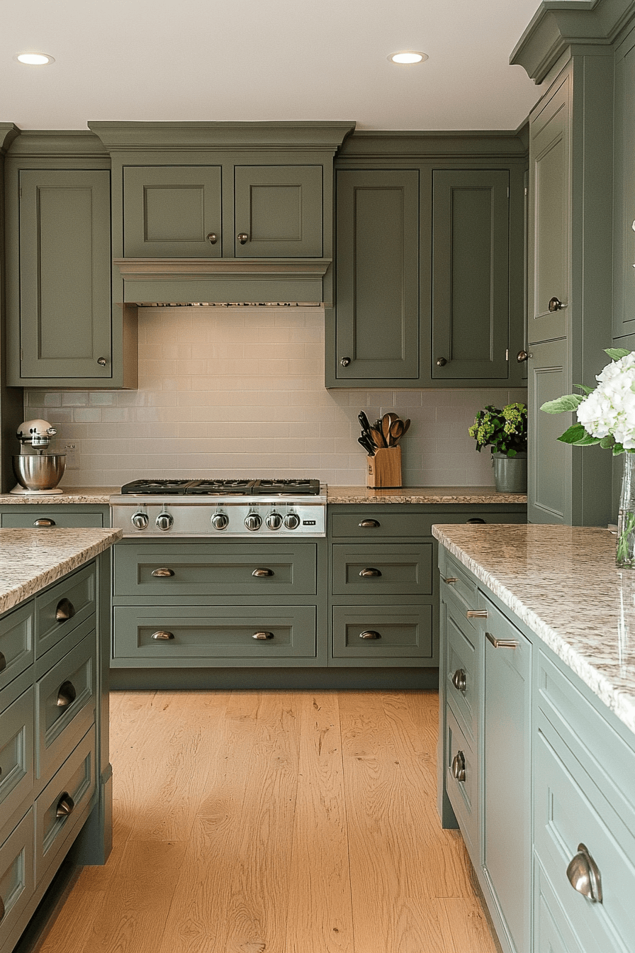 pewter green kitchen cabinets
