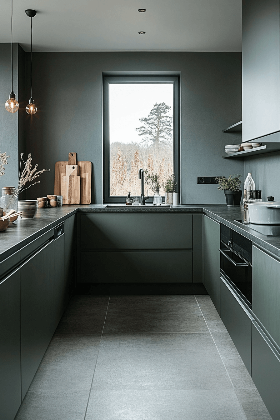 pewter green kitchen cabinets