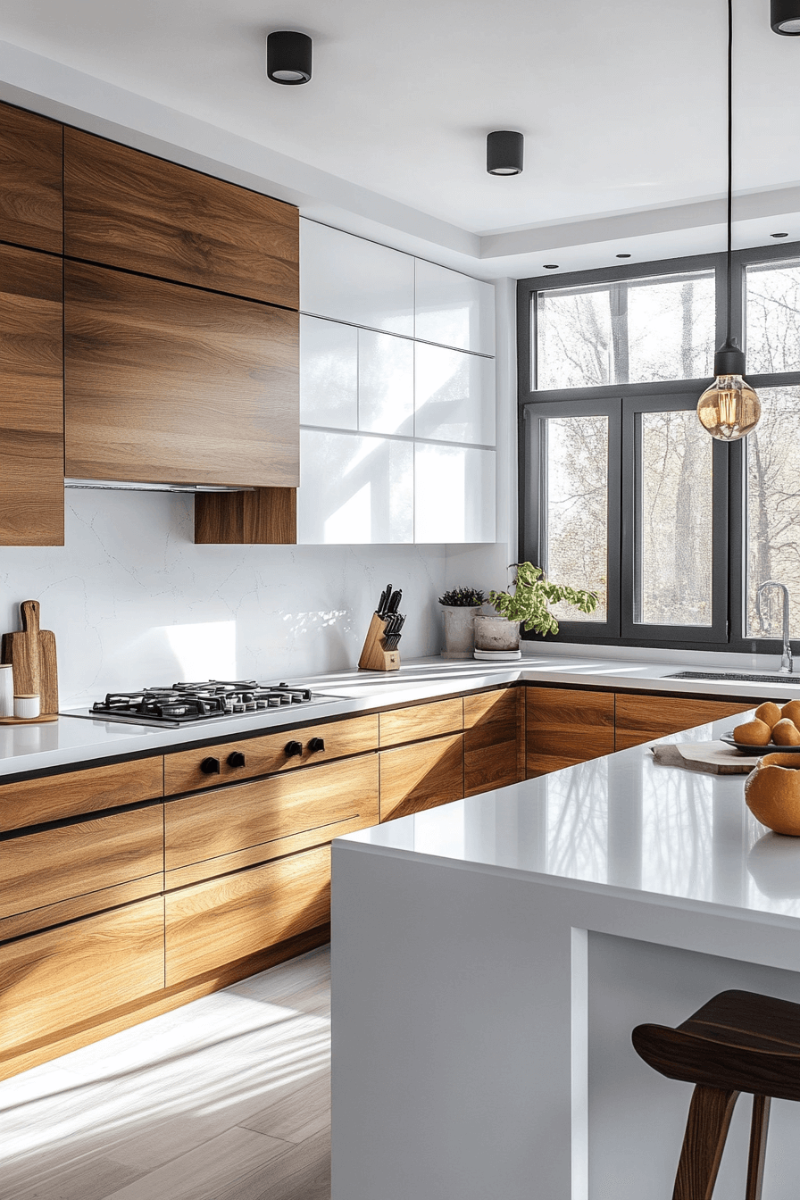 white and wood kitchen cabinets
