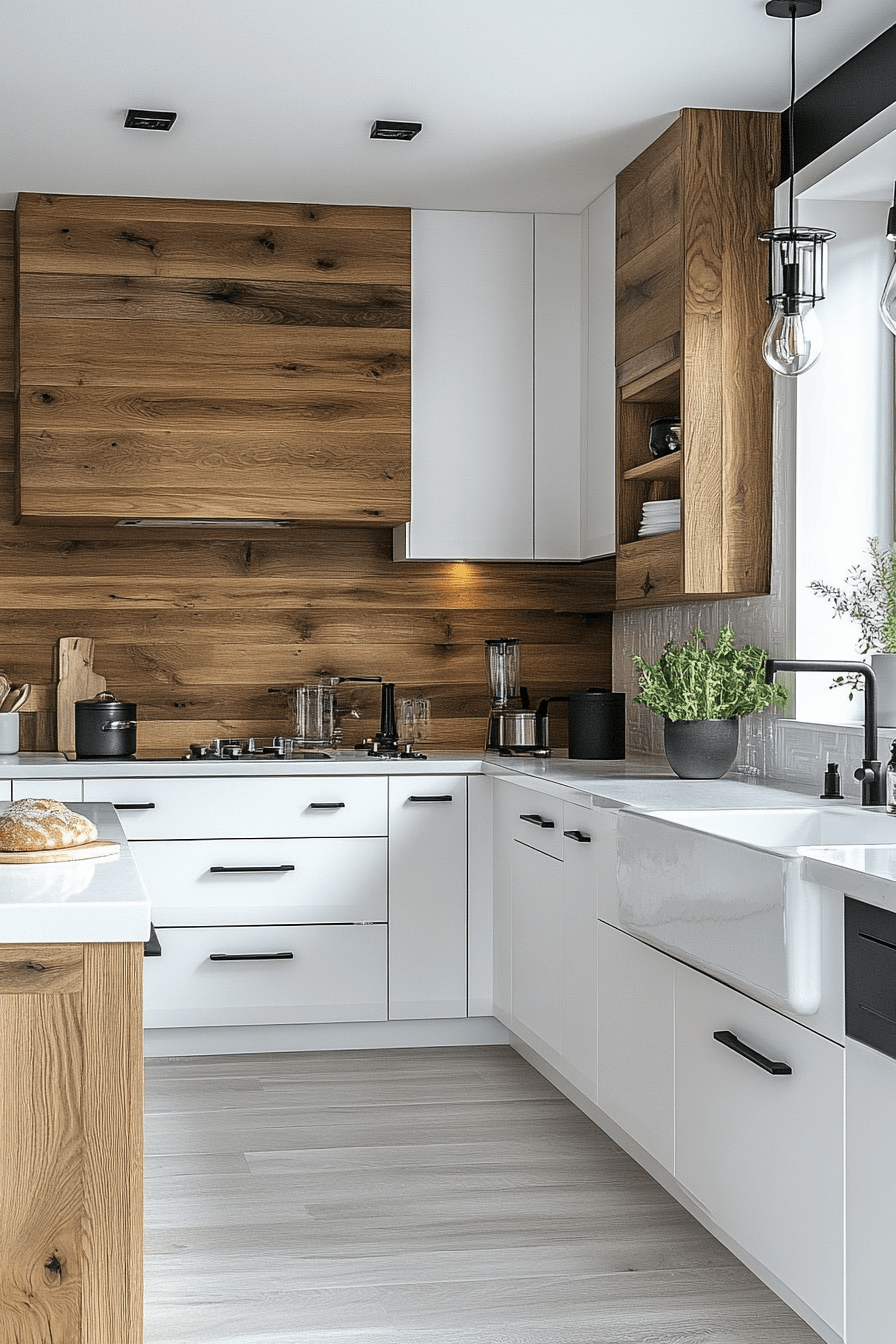 white and wood kitchen cabinets