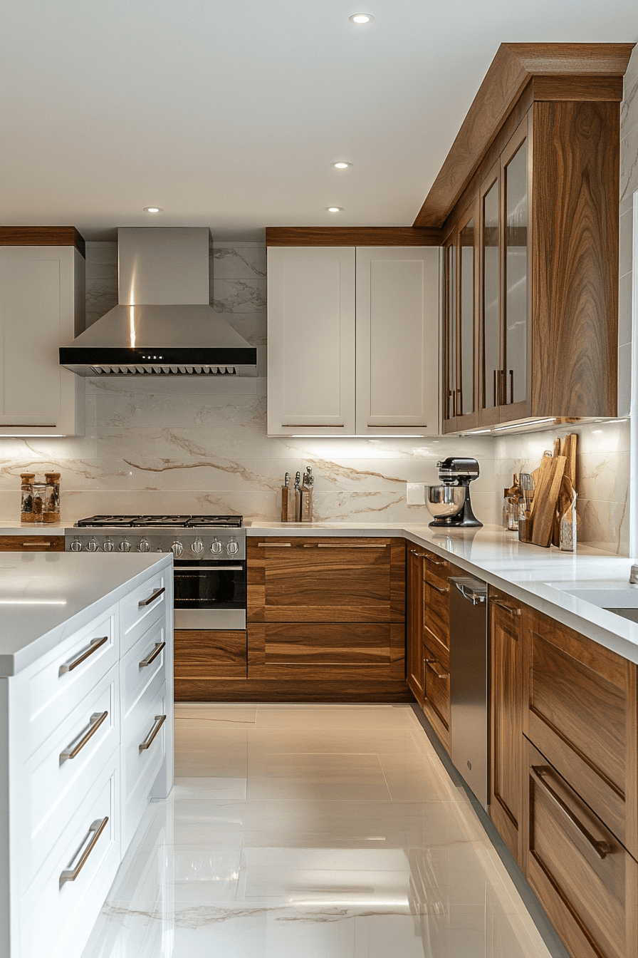 white and wood kitchen cabinets