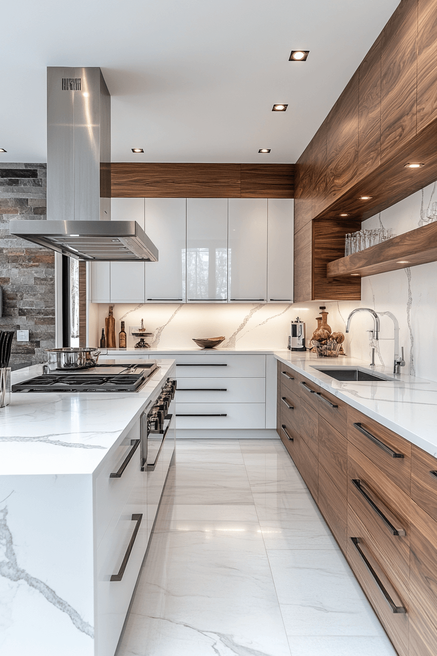 white and wood kitchen cabinets