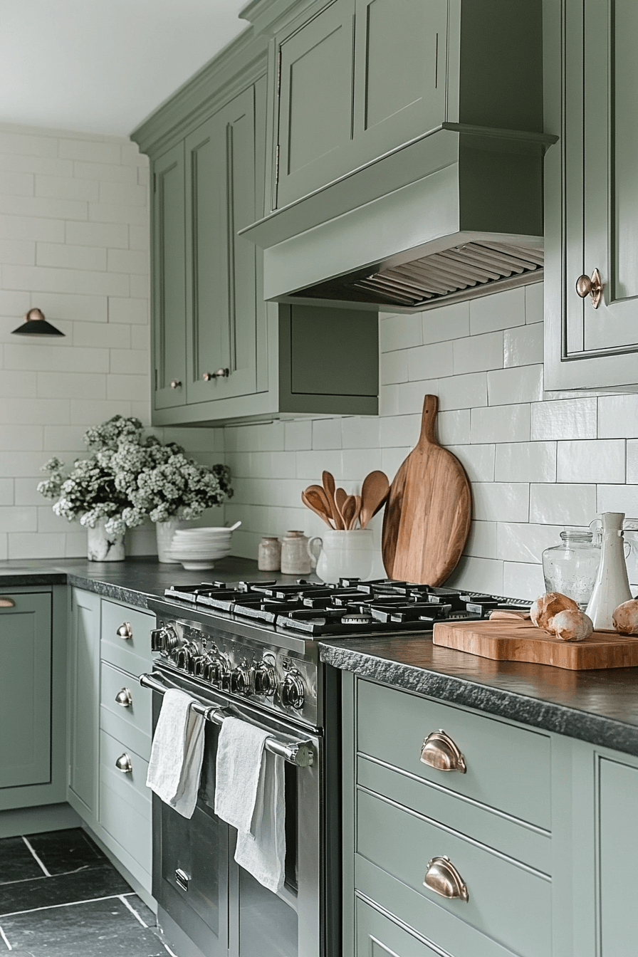 pewter green kitchen cabinets