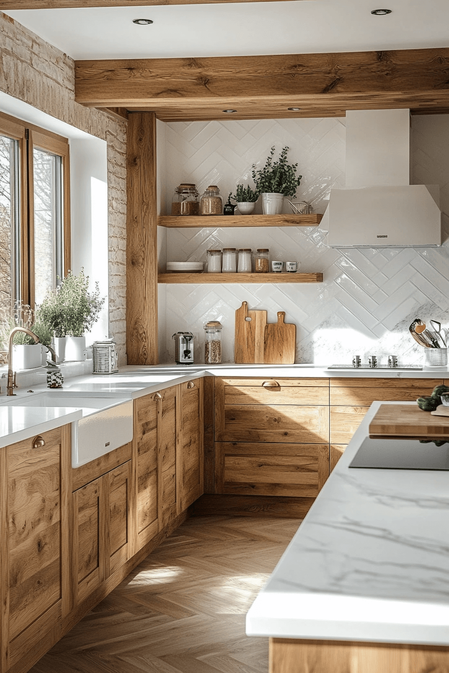 white and wood kitchen cabinets
