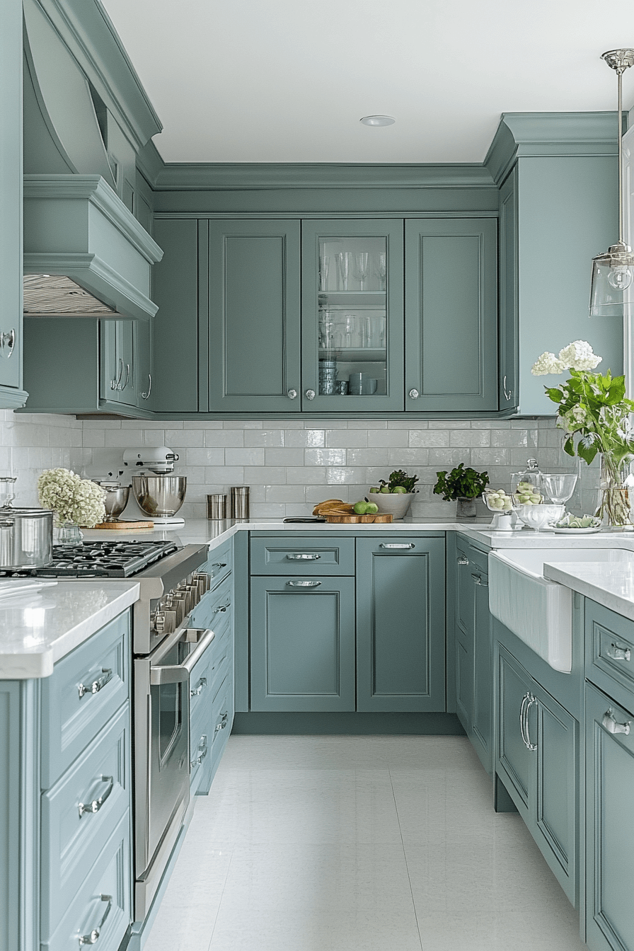 pewter green kitchen cabinets
