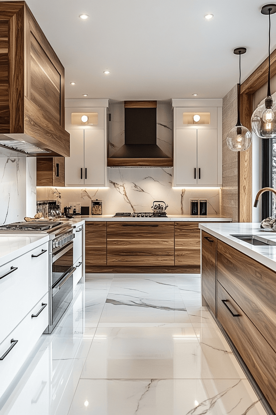 white and wood kitchen cabinets