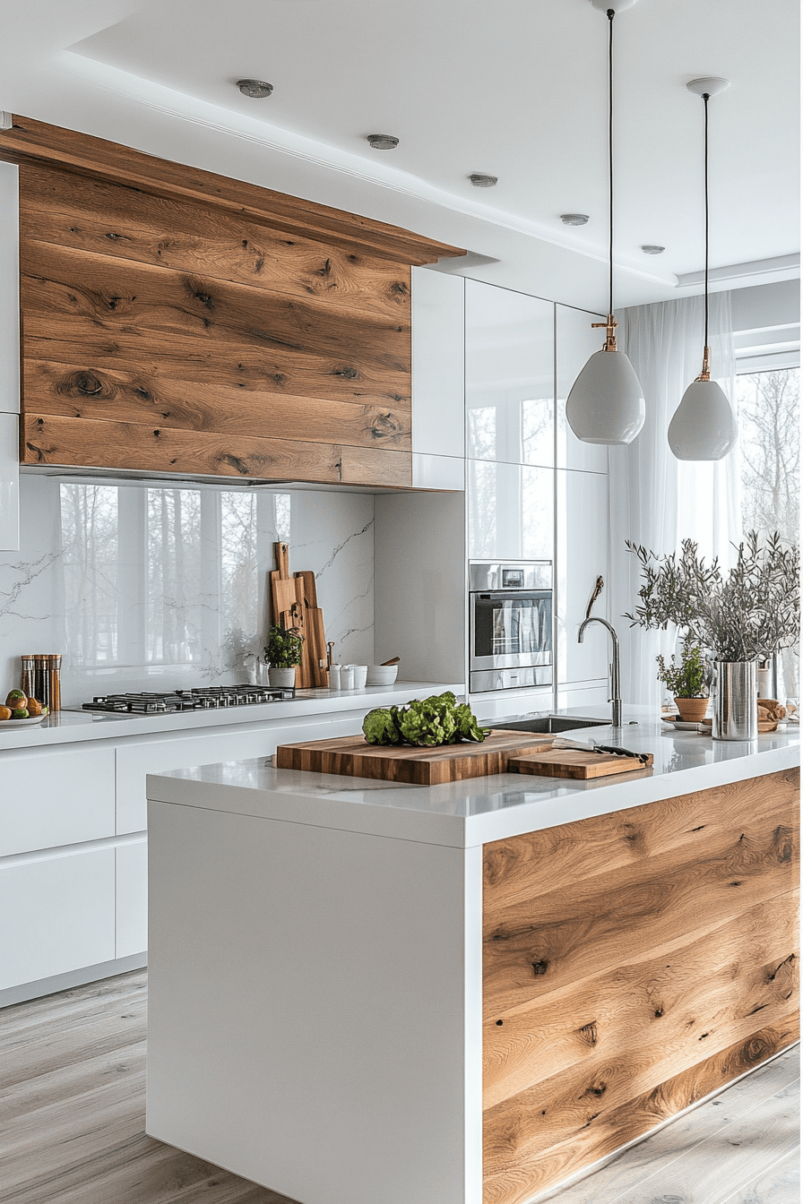 white and wood kitchen cabinets