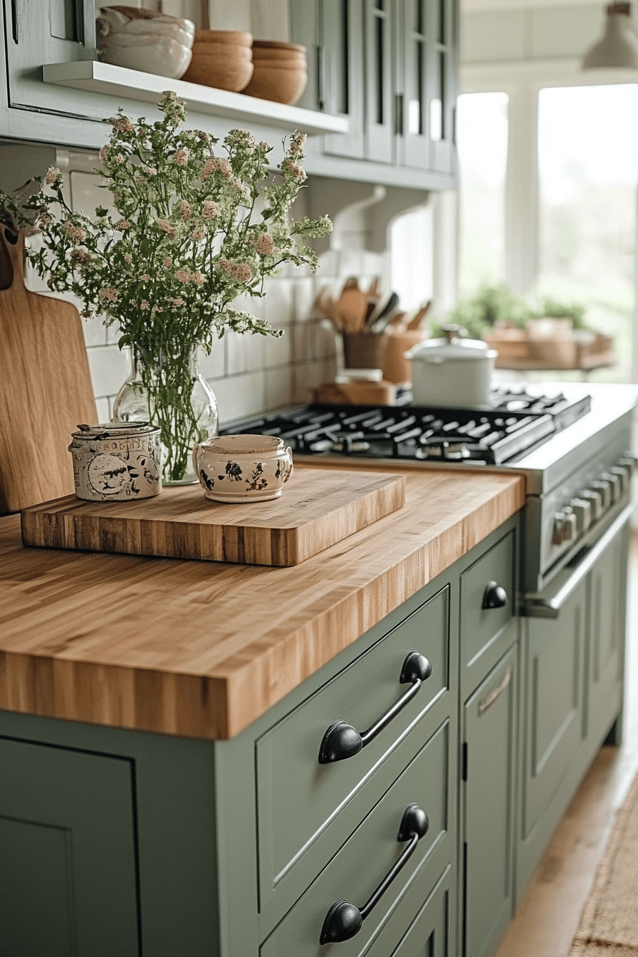 pewter green kitchen cabinets