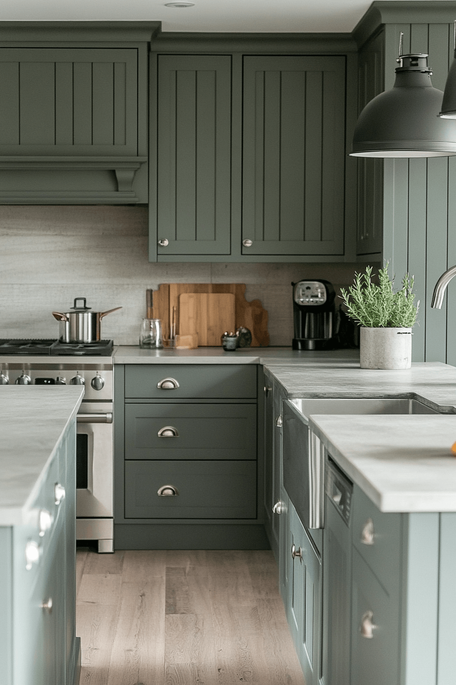 pewter green kitchen cabinets
