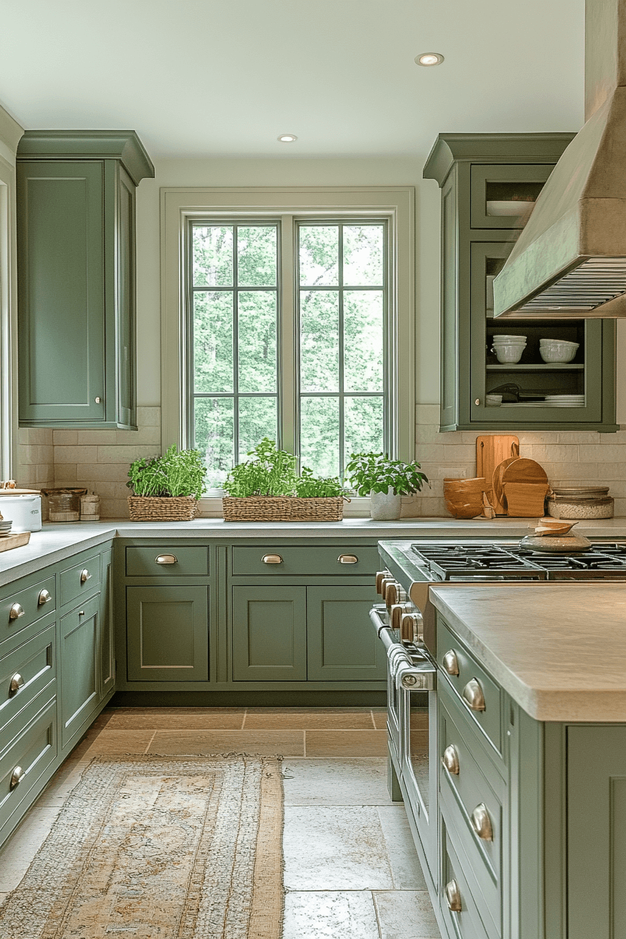 pewter green kitchen cabinets