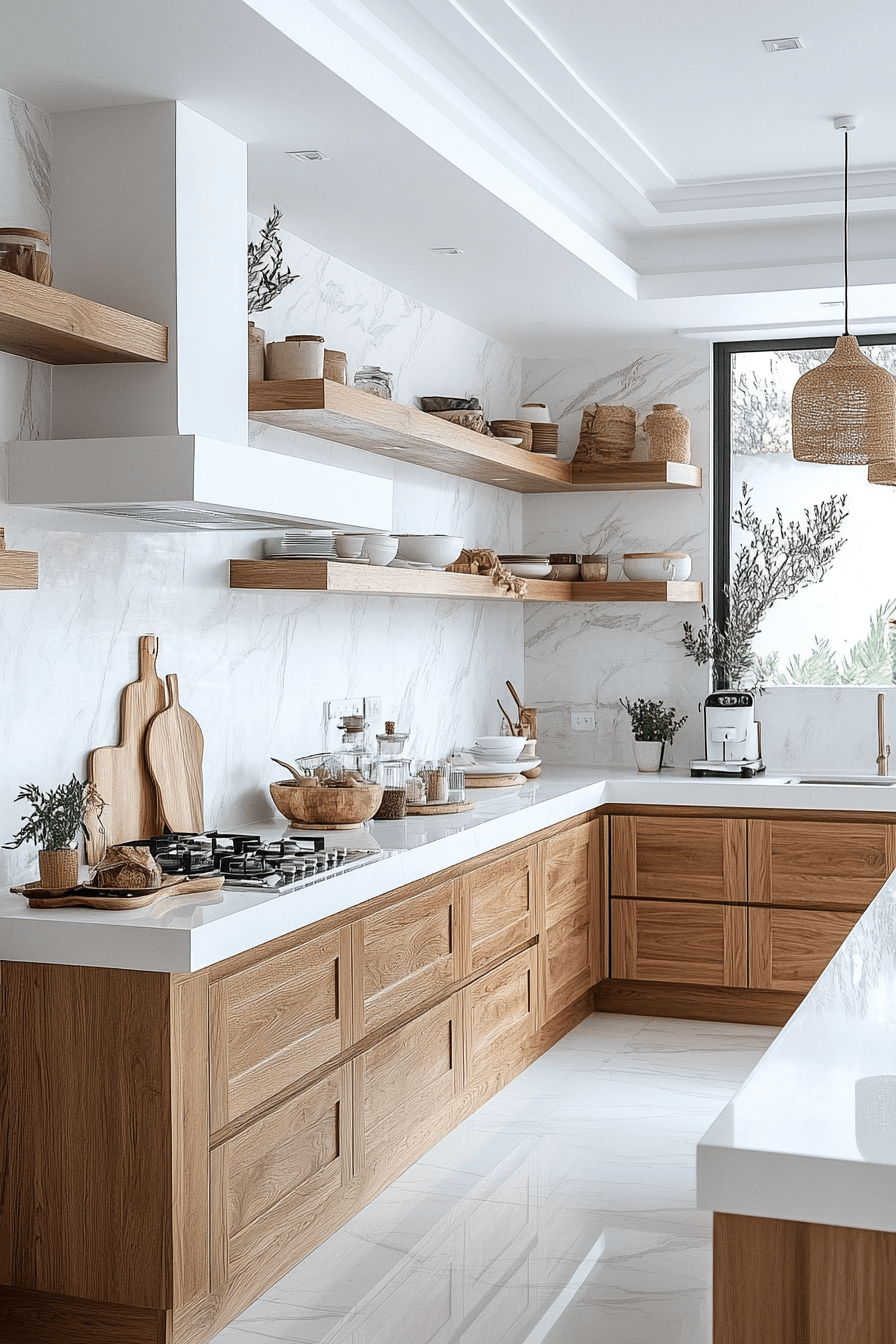 white and wood kitchen cabinets