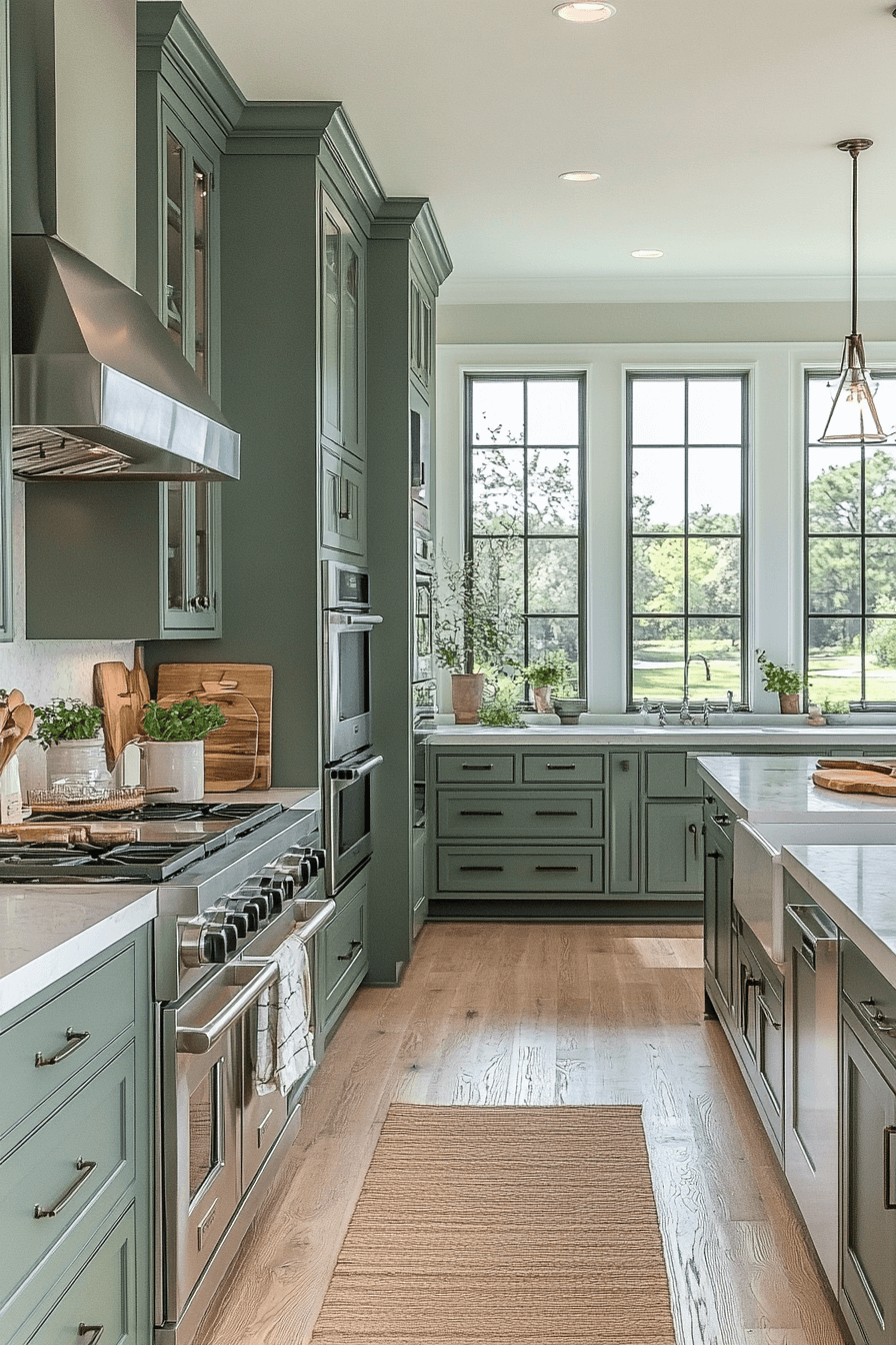 pewter green kitchen cabinets