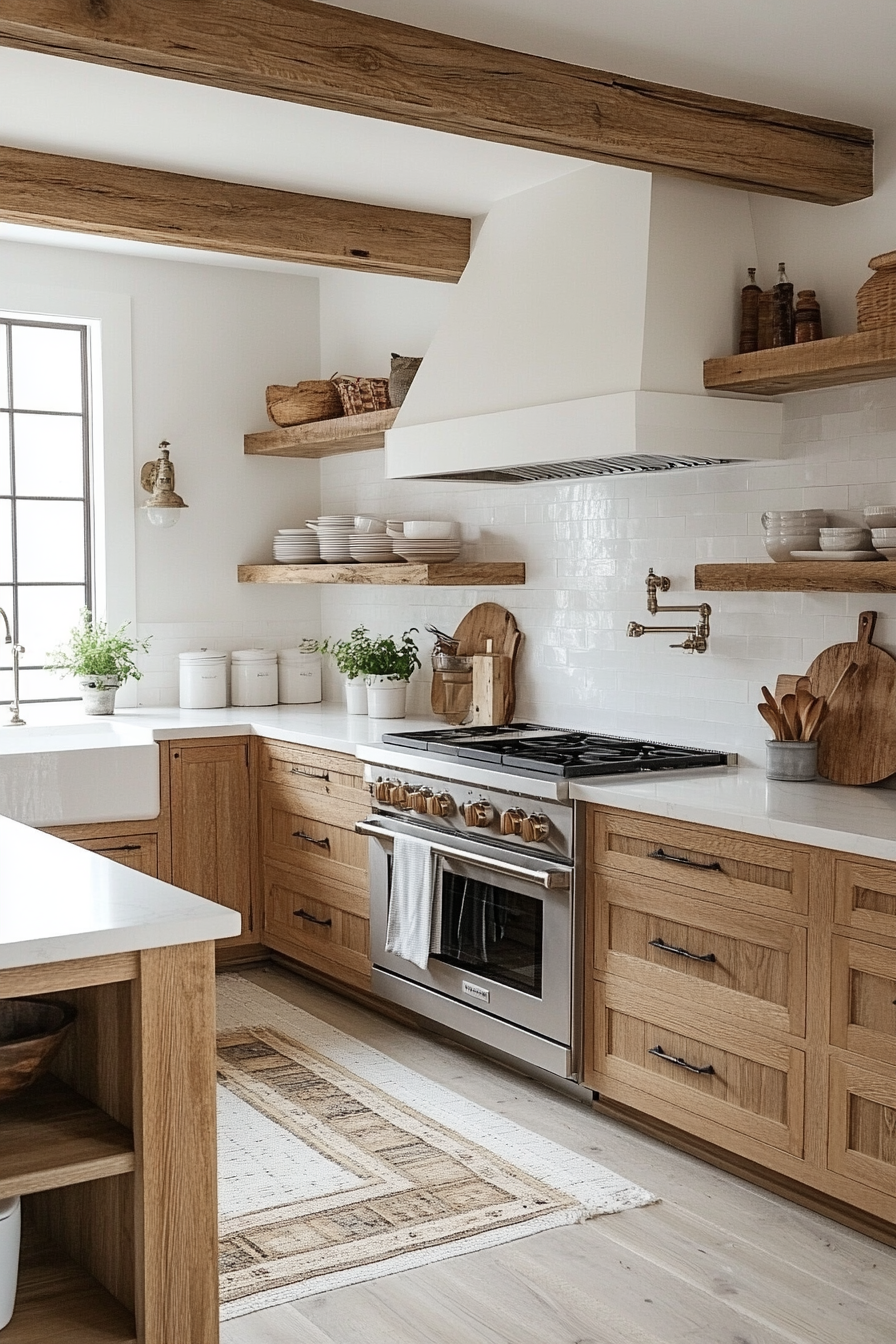 white and wood kitchen cabinets