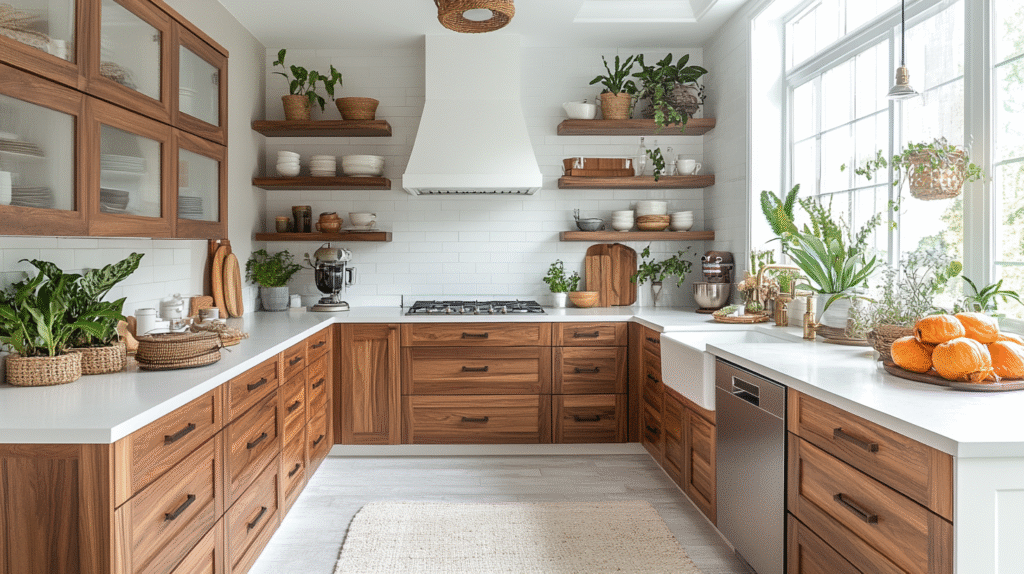 white and wood kitchen cabinets